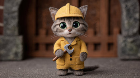 This delightful plush kitten in a yellow construction outfit captures attention with its charming expression and playful tool. Perfect for children's themes.の素材