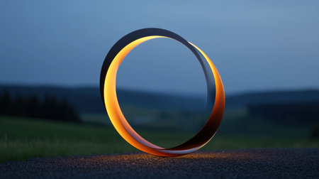 This striking image features an abstract sculpture shaped like a circle, glowing softly with light against a tranquil landscape at dusk. The serene atmosphere enhances the artistic appeal of the piece.の素材
