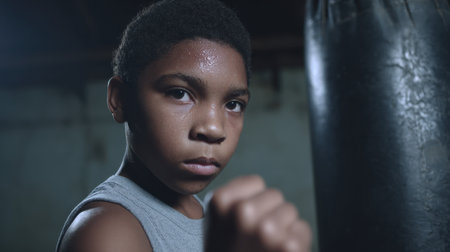 A young boy stands ready to practice boxing techniques in a dimly lit gym, displaying focus and determination. Sweat glistens on his forehead as he prepares.の素材