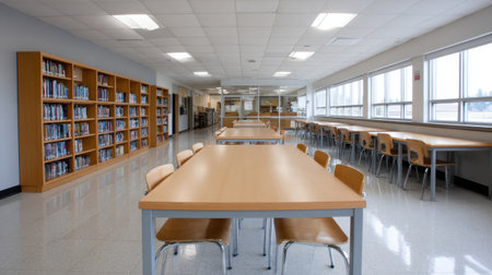 This image showcases a bright and spacious modern library interior featuring tables, chairs, and extensive bookshelves. Ideal for educational settings.の素材
