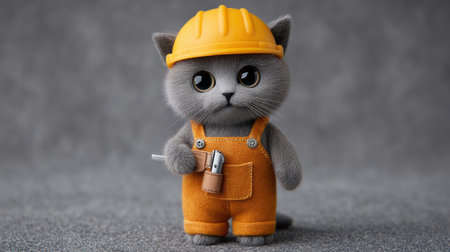 This charming image features a cute cat character dressed in a vibrant construction hat and orange overalls, holding a small tool. Perfect for conveying themes of playfulness and creativity in design or marketing.の素材