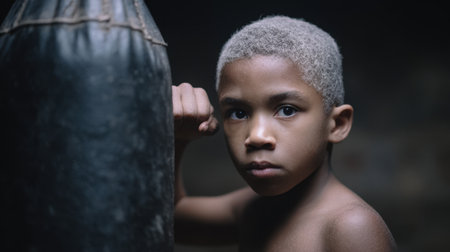 A young boy stands poised next to a heavy punching bag in a dimly lit boxing gym, showcasing determination and focus. The atmosphere reflects a strong dedication to training and personal growth.の素材