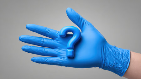 A close-up of a hand with a blue latex glove holding a blue question mark symbol. The image represents inquiry and uncertainty in various contexts.の素材