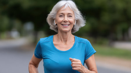 A cheerful senior woman happily runs outdoors in a blue shirt, embracing a healthy lifestyle. The scene captures joy, motivation, and energy in nature.の素材