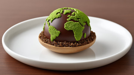 A stunning chocolate dessert shaped like a globe, adorned with vibrant green details, sits beautifully on a wooden plate, showcasing delightful artistry.の素材
