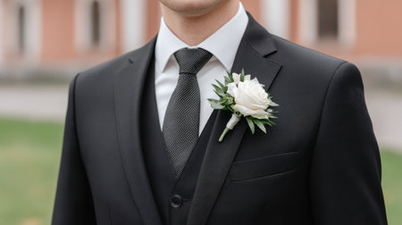 A sharply dressed groom showcases elegance with a fitted suit and a delicate white rose boutonniere, creating a refined look for his special day.の素材