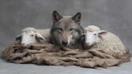 A captivating image of a wolf lying peacefully between two sheep on a soft fabric layer, symbolizing an unexpected harmony in nature and coexistence.の素材