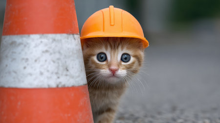 A charming orange kitten with big blue eyes peeks out from behind a traffic cone while wearing a playful construction helmet, enhancing its adorable appeal.の素材