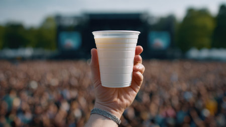 A person's hand raises a white plastic cup filled with a drink, capturing the vibrant atmosphere of an outdoor music festival filled with cheering crowds.の素材