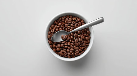 A stylish arrangement of freshly roasted coffee beans fills a white bowl, accompanied by a metallic spoon, perfect for coffee lovers and culinary enthusiasts.の素材