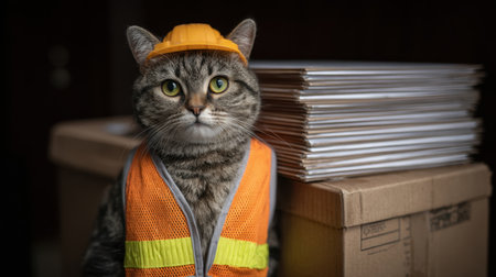 A cute cat wearing a safety vest and hard hat stands next to stacked boxes, creating a humorous workplace scene that blends animals with construction.の素材