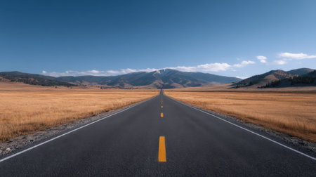 A picturesque view of an open highway stretching into the distance, framed by rolling hills and golden fields under a bright blue sky.の素材
