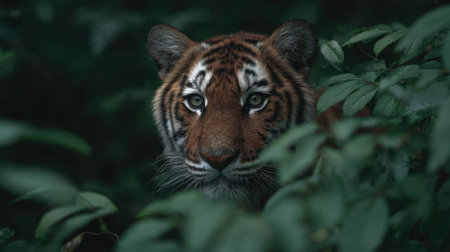 A stunning close-up photograph of a majestic tiger peering through lush green foliage. The animal's intense gaze and striking features showcase its natural beauty and ferocity in its habitat.の素材