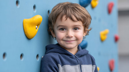 A cheerful young boy poses with a bright smile beside a colorful climbing wall at an outdoor playground, capturing the joy of childhood and active play.の素材