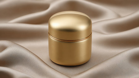 A beautifully crafted gold container sits elegantly on silky satin fabric, perfect for showcasing luxury cosmetic products or stylish packaging designs.の素材