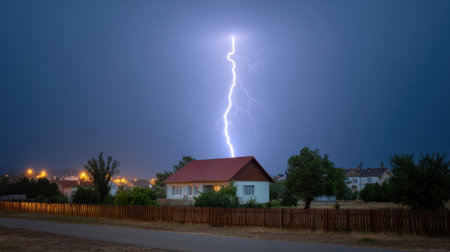 A spectacular lightning bolt strikes over a quaint house in a rural setting, illuminating the sky and creating a dramatic atmosphere during a nighttime thunderstorm.の素材