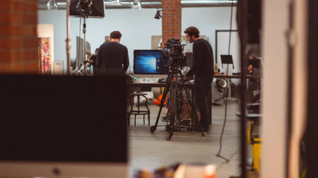 A dynamic scene capturing filmmakers engaged in production work within a modern studio environment. The image showcases advanced equipment, creative collaboration, and artistic energy.の素材