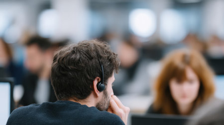 A bustling office scene captures a male employee wearing a headset, deeply focused on tasks. The background reveals engaged coworkers, emphasizing a collaborative work environment.の素材