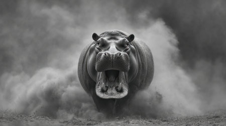 A striking black and white image capturing a hippo in a dynamic pose, emerging from a dust cloud with an intense expression, showcasing its powerful presence in nature.の素材