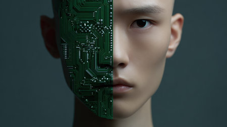 This striking portrait features a human face seamlessly merged with a green circuit board, symbolizing the intersection of humanity and technology.の素材