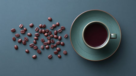 This captivating image features a stylish cup of freshly brewed coffee accompanied by scattered coffee beans on a dark background, evoking a sense of warmth and comfort.の素材