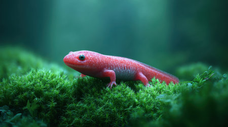A bright red salamander emerges from lush green moss, creating a captivating image of wildlife in a serene forest habitat, showcasing vibrant colors and tranquility.の素材