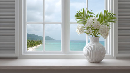 A beautiful coastal view framed by a window showcases a decorative vase filled with flowers. The scene captures serenity and natural beauty.の素材
