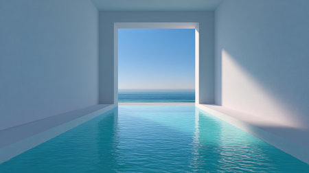 Discover a serene infinity pool harmoniously merging with the calm ocean under a clear blue sky. This minimalist architecture invites relaxation and escape.の素材