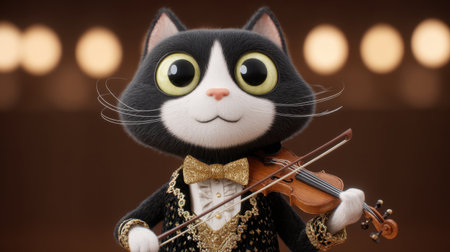 An enchanting animated cat dressed in a tuxedo plays the violin on stage, radiating charm and joy. This delightful character captivates audiences with its adorable expression and vibrant performance, making it perfect for creative projects.の素材