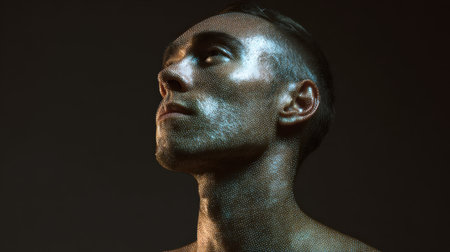 Intense close-up portrait of a man featuring shimmering skin, set against a dark background, highlighting beauty and emotion through light and shadow.の素材