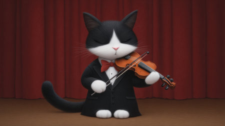 A whimsical illustration of a cat dressed in a tuxedo playing the violin on stage, with a rich red curtain enhancing the captivating performance scene.の素材