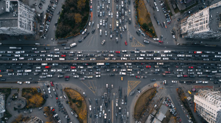 A vibrant aerial perspective capturing a bustling city highway packed with vehicles during peak traffic hours, showcasing urban life and movement.の素材