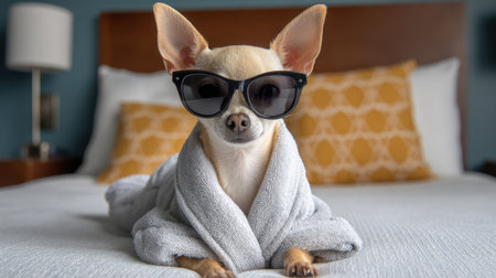 A charming chihuahua wearing stylish sunglasses and a cozy robe lounges on a bed, radiating joy and comfort. This playful and cute pet embodies a relaxed lifestyle, perfect for a cozy indoor setting.の素材