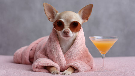 A fashionable Chihuahua lounges in a plush pink robe and stylish sunglasses, next to a refreshing cocktail, exuding charm and relaxation.の素材