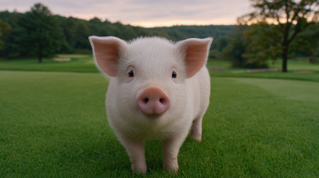 A delightful young pig stands on lush green grass at sunset, creating a picturesque and charming atmosphere. This image captures the innocence of farm life.の素材