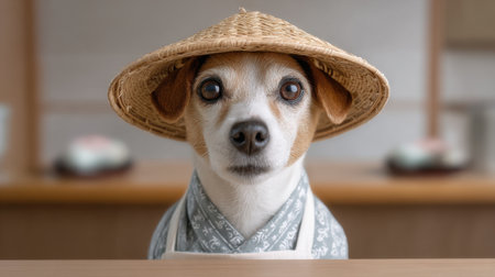 This delightful image features a charming dog donning a straw hat and stylish attire, showcasing its playful personality in a cozy interior setting.の素材