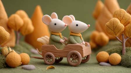 This enchanting scene features two adorable mice in cozy woolen outfits riding a charming wooden cart through a vibrant autumn landscape with colorful foliage and soft textures that evoke a sense of whimsy and warmth.の素材