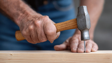 A close-up image showcases a skilled craftsman using a hammer to drive a nail into a wooden surface, emphasizing attention to detail and craftsmanship.の素材