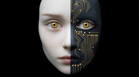 This captivating image depicts the fusion of human and artificial intelligence through a striking half-face design featuring intricate circuitry, symbolizing future interactions.の素材