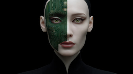This striking image showcases a human-cybernetic hybrid with intricate circuitry on one side of the face, emphasizing the blend of technology and emotion in a dark setting.の素材