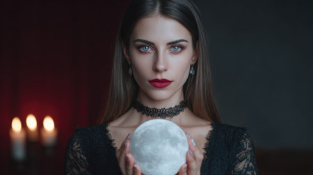 A captivating portrait of a mysterious woman holding a moon prop, surrounded by soft candlelight in a dark room, exuding elegance and magic.の素材