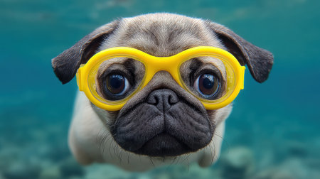 A charming pug dog wearing bright yellow goggles swims gracefully underwater, showcasing its playful nature and irresistible expression in a vibrant ocean scene.の素材