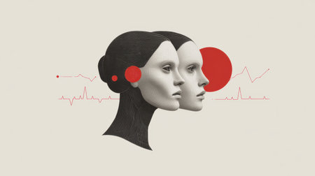 This striking abstract illustration features two feminine profiles, highlighted with red accents and heartbeat lines, exploring themes of emotional duality and identity.の素材