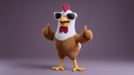 A cheerful chicken character wearing sunglasses strikes a playful thumbs up pose against a neutral backdrop. Perfect for promoting fun and energetic themes.の素材