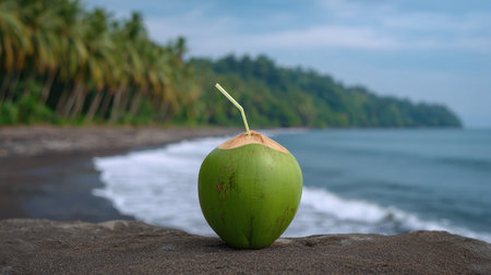 Enjoy a refreshing green coconut drink on a serene tropical beach. The lush palm trees and gentle waves create a perfect summer getaway atmosphere.の素材