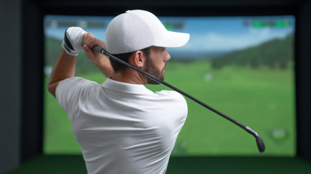 A dedicated golfer practices his swing technique indoors using a state-of-the-art simulation setup, showcasing focus and commitment to improving performance.の素材