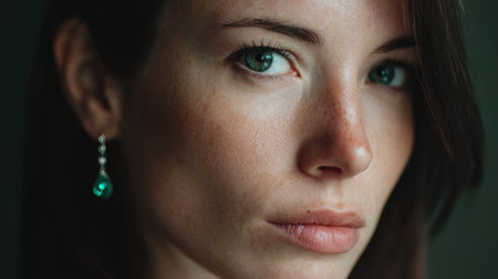 A striking close-up portrait of a young woman highlighting her expressive green eyes and elegant drop earrings. The soft lighting enhances her natural beauty.の素材