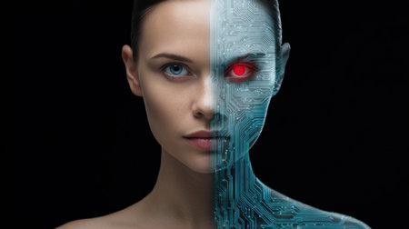 This captivating image features a striking portrait of a woman, half human and half robot, showcasing a unique blend of beauty and technology. The futuristic design highlights intricate circuit patterns contrasted against smooth skin, evoking themes of identity and innovation.の素材