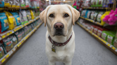 A charming Labrador Retriever stands in the aisle of a pet store, surrounded by colorful bags of pet food and toys, embodying the joy of pet ownership.の素材