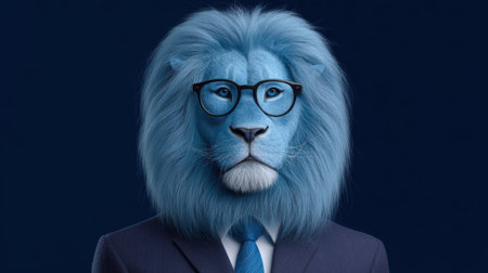 This imaginative portrait features a lion with striking blue fur, wearing stylish glasses and a tailored suit, blending elegance with creativity.の素材